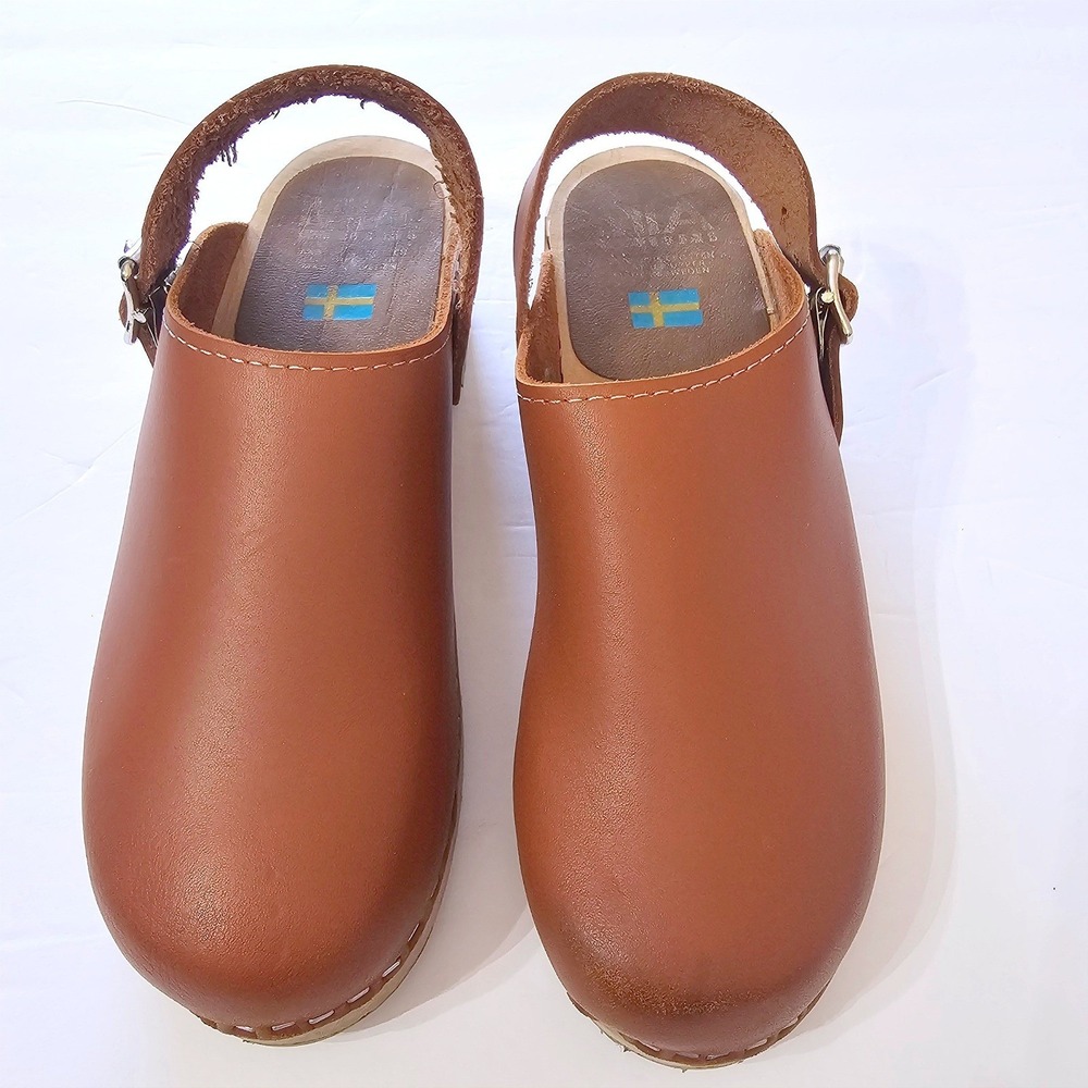 MIA Alma Free People Swedish Wooden Clogs Cognac Brown Leather 38 (7.5) 70s - Picture 2 of 11